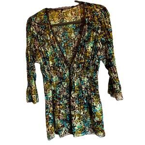 Elementz Y2K Blouse Large Brown Blue Floral Lace Trim Coquette Cottagecore